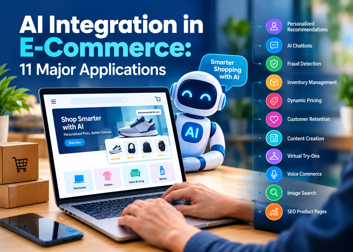 AI-powered e-commerce banner showing a modern online shopping dashboard with personalized product recommendations, AI chatbot assistance, predictive analytics, dynamic pricing, digital payment security, cloud technology, and customer data visualization, presented in a professional futuristic style suitable for an e-commerce technology blog.